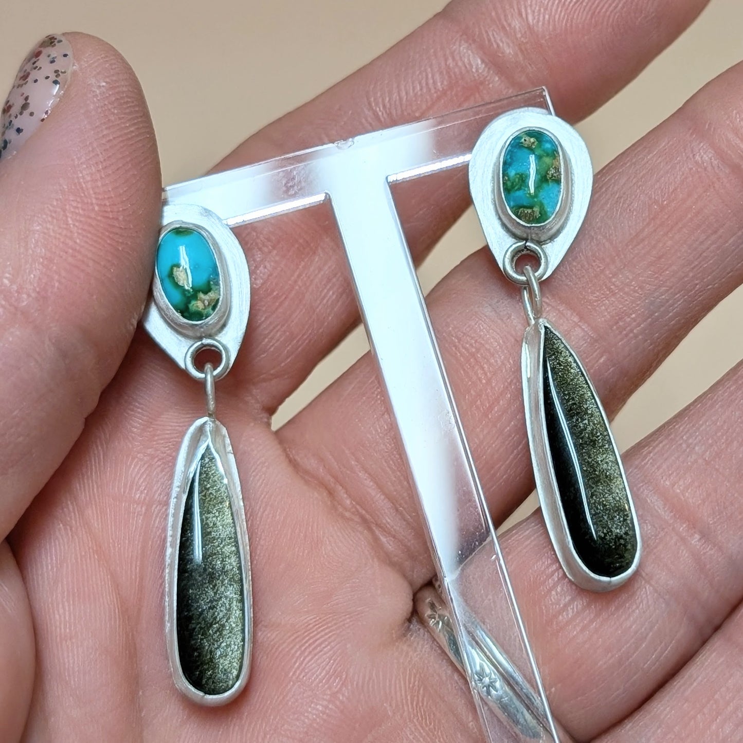 Obsidian and Sonoran Turquoise Stud Earrings